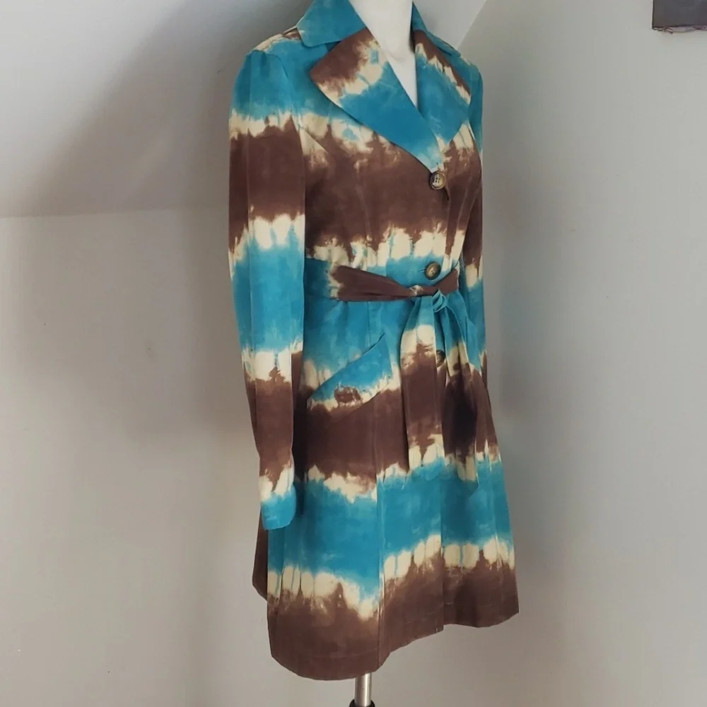 Anne Klein Womens Tie Dye Belted Aqua Blue Ivory Brown Big Collar Trench Coat, M